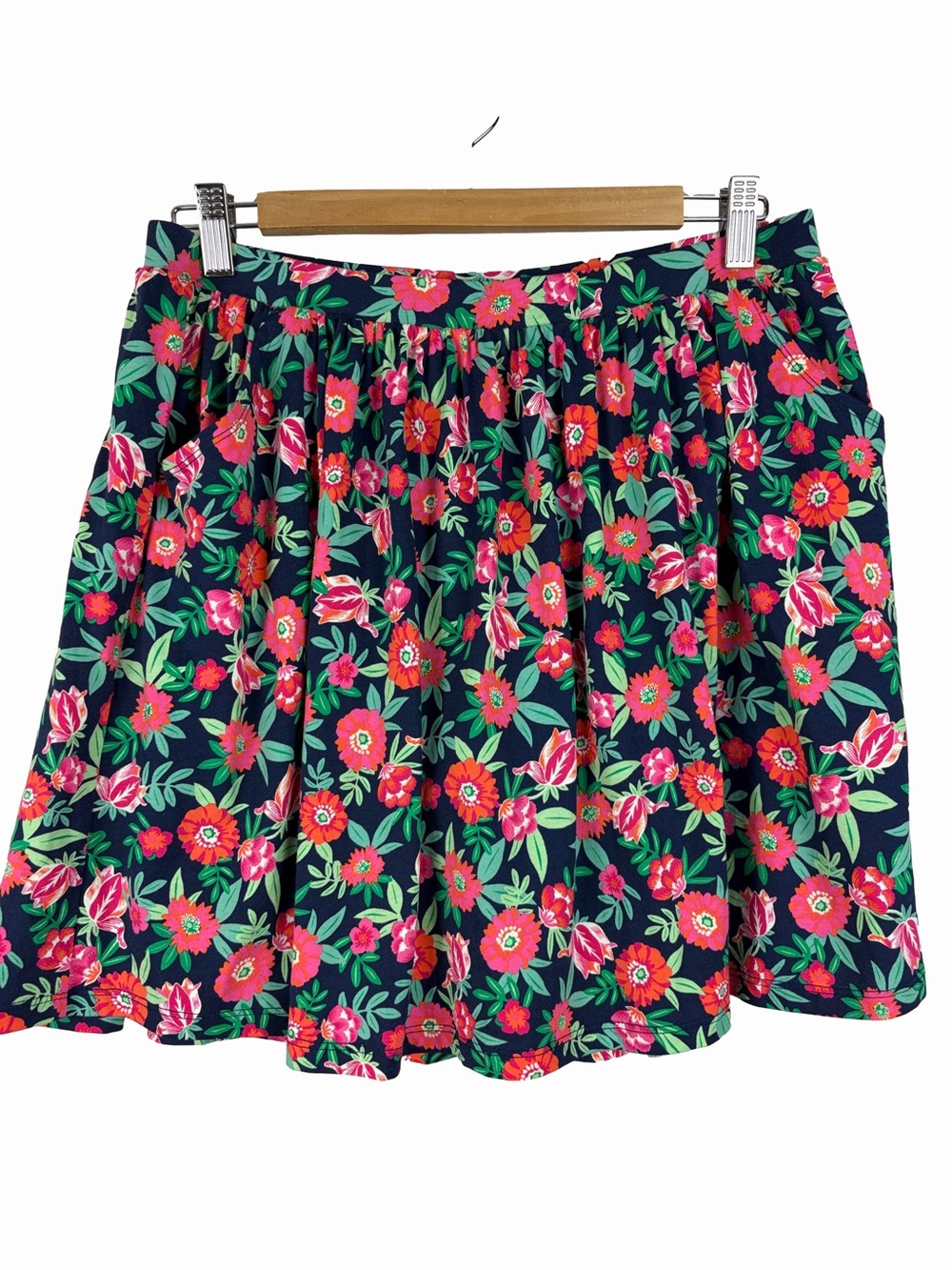 Lands’ End Floral Knit Skort Navy Pink Cotton Pockets XL 16+
